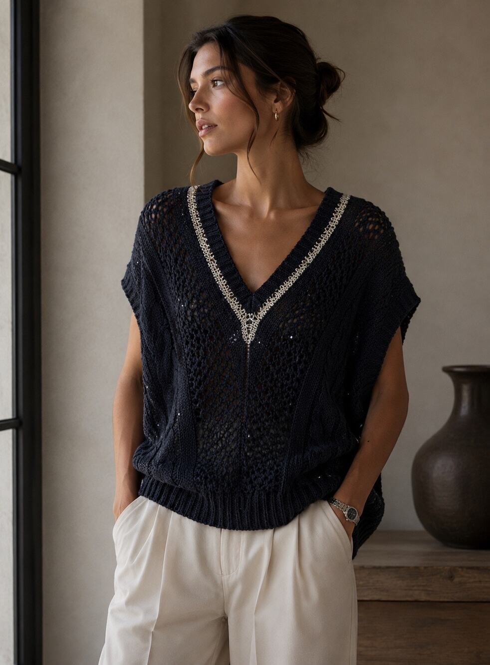 Brunello Cucinelli Cable Knit Varsity Rugby Sweater Vest Linen Silk Medium Blue